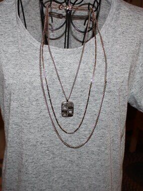 Silver Triple Layered Necklace Geometric MCM Pendant Modern Industrial Chain